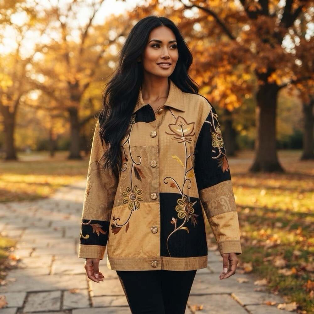 Indigo Moon Sz 3X Artsy Button Front Embroidered Yellow Patchwork Fall Jacket